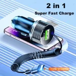 EDEBA USB Car Charger with Cable Super Fast Charge for iPhone 14 Pro Max 13 12 11 Samsung Huawei OPPO VIVO 12V Vehicle Adapter