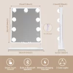 Lighted Vanity Mirror with Bluetooth and Wireless Charging Makeup Lights 9 Dimmable Bulbs 3 Color Lighting Tabletop (Whi