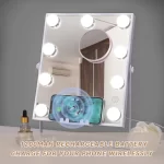 Lighted Vanity Mirror with Bluetooth and Wireless Charging Makeup Lights 9 Dimmable Bulbs 3 Color Lighting Tabletop (Whi