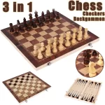 New 3 in 1 Wooden Checkers Backgammon Chess Set, Board Party Travel Games With Portable Folding Chessboard